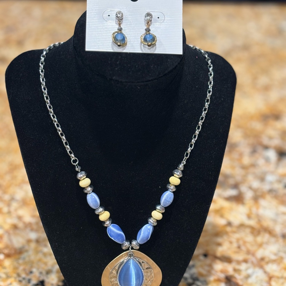 Christopher & Banks Blue and Cream Bead Necklace with Pendant